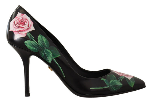 Elegant Black Rose Print Leather Heels