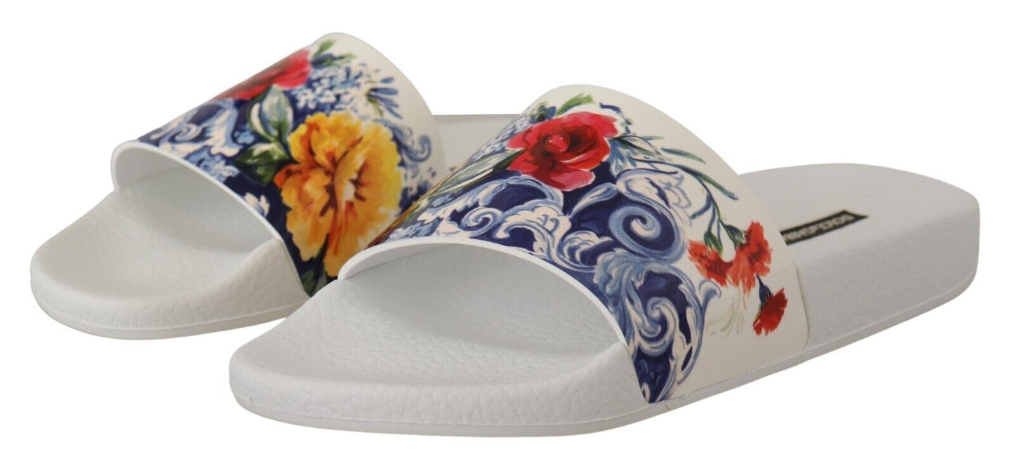 Chic Floral Print Leather Flat Sandals