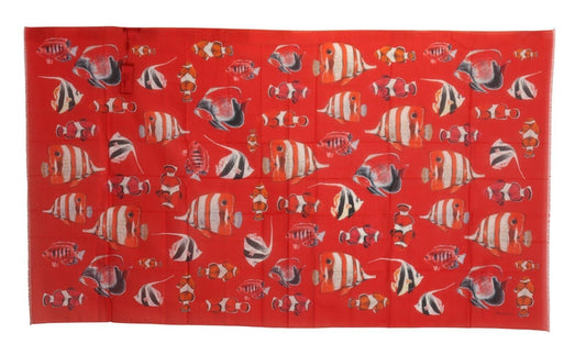 Elegant Red Fish Print Cotton Scarf