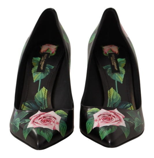 Elegant Black Rose Print Leather Heels