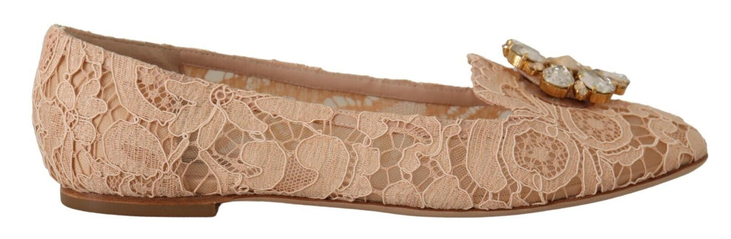 Elegant Beige Lace Ballet Flats with Crystal Buckle