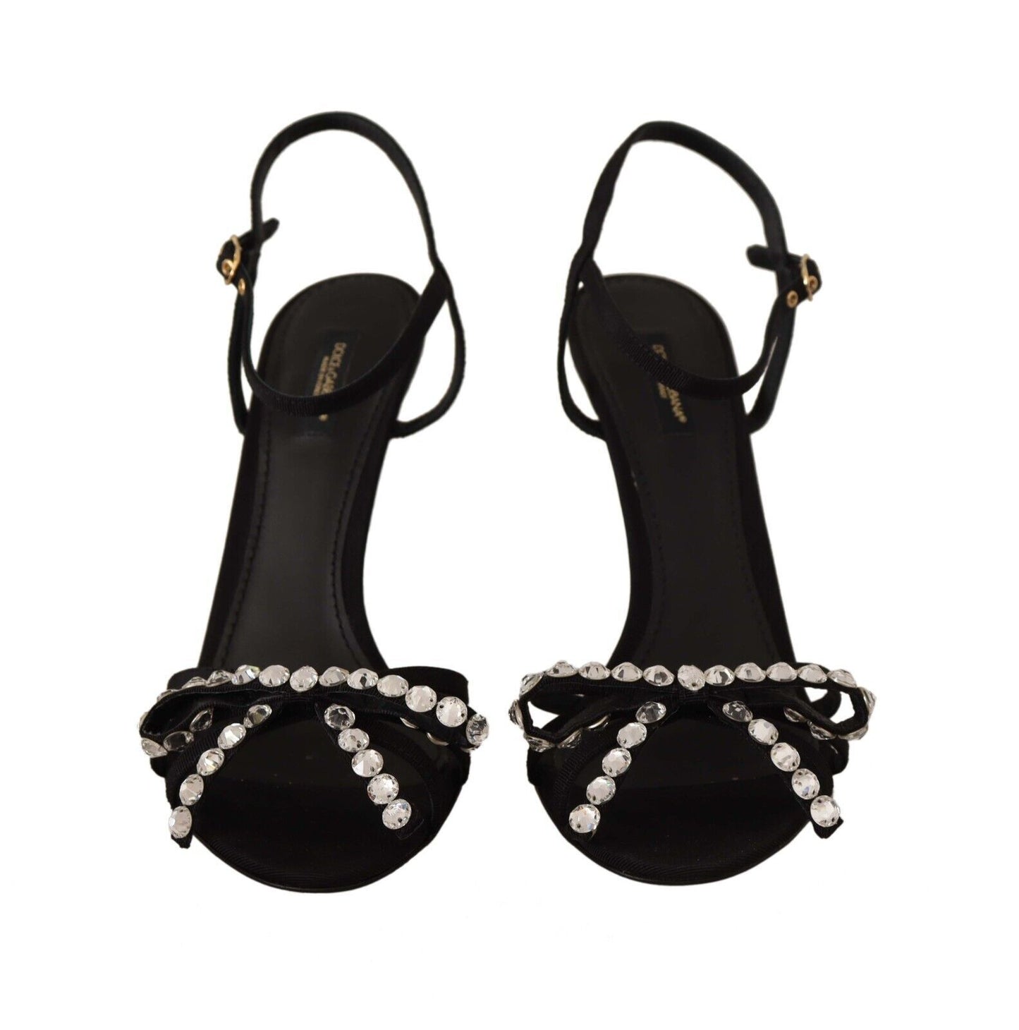 Elegant Black Viscose Ankle Strap Sandals with Crystals