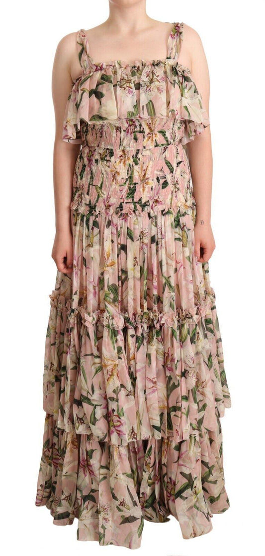 Elegant Floral Ruched Silk Long Dress