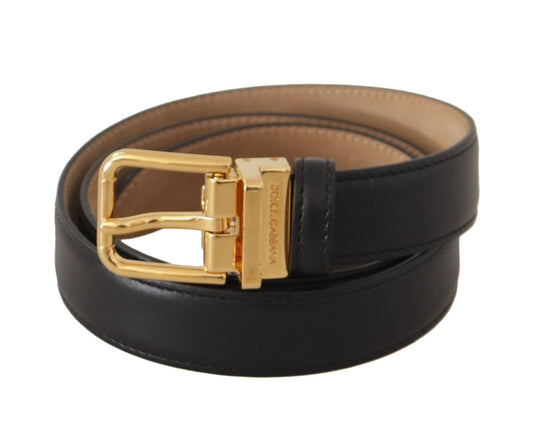 Elegant Black Leather Belt with Engraved Metal Buckle