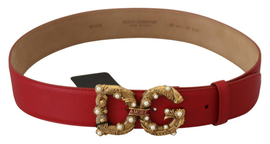Red Leather Gold AMORE Logo Buckle Belt