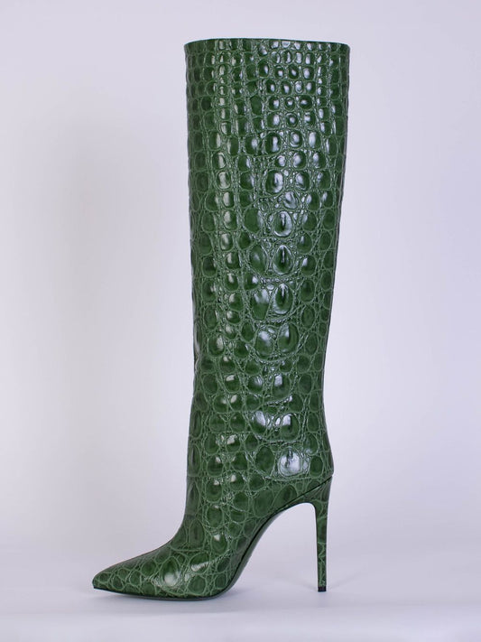 Emerald Croco Print Leather High Stiletto Boots
