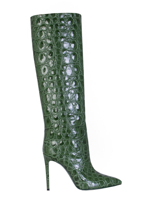 Emerald Croco Print Leather High Stiletto Boots