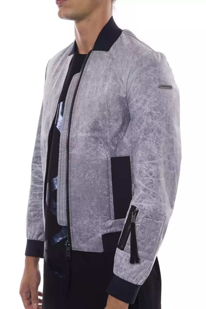 Sleek Gray Bomber Jacket with Emblem Accent