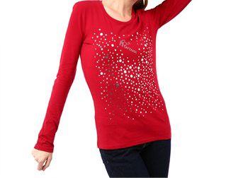 Chic Red Long Sleeve Embellished Tee