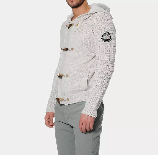 Beige Hooded Knit Cardigan with Logo Detail