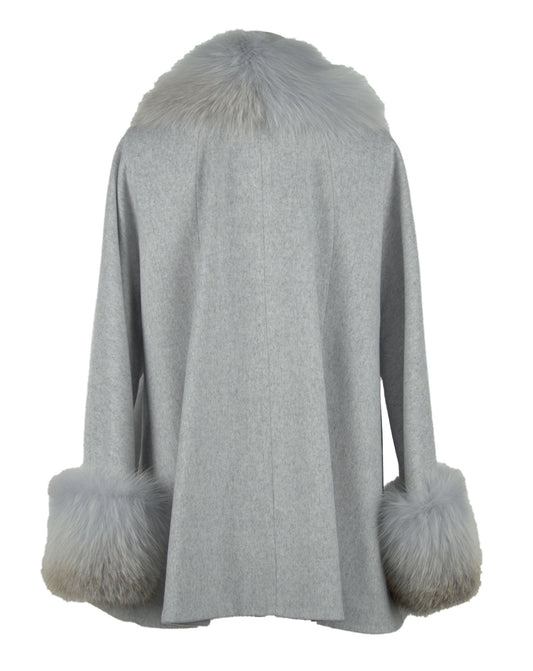 Elegant Gray Virgin Wool Coat with Fox Fur Trim