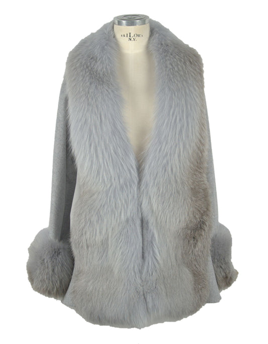 Elegant Gray Virgin Wool Coat with Fox Fur Trim