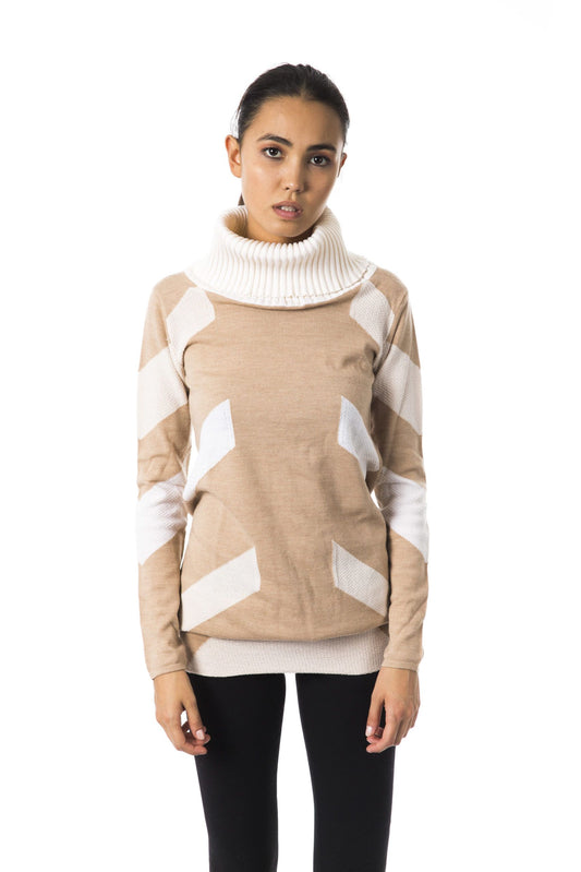 Chic Beige Turtleneck Pullover with Logo Accent