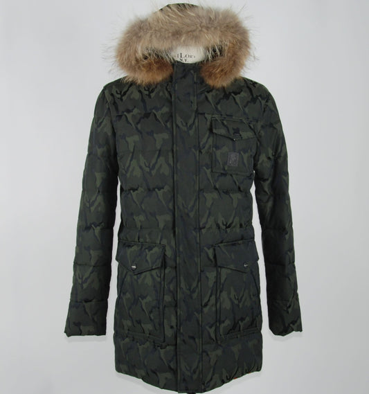 Camouflaged Winter Parka with Fur-Trimmed Hood