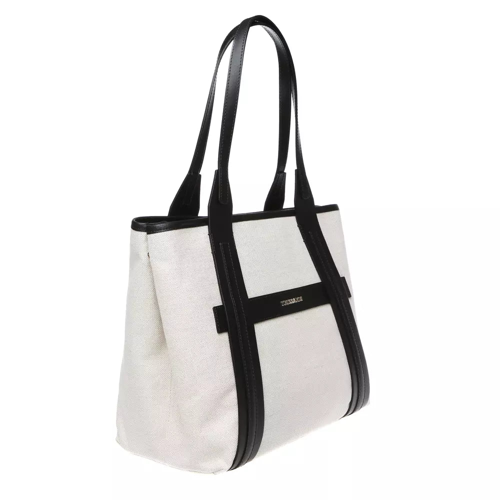 Elegant White Fabric Shoulder Bag with Leather Accents