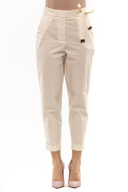 Elegant Beige High-Waist Pants with Grosgrain Belt