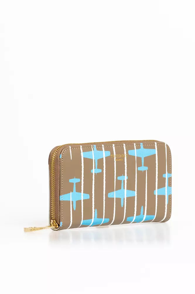 Elegant Striped Leather Zip Wallet in Beige