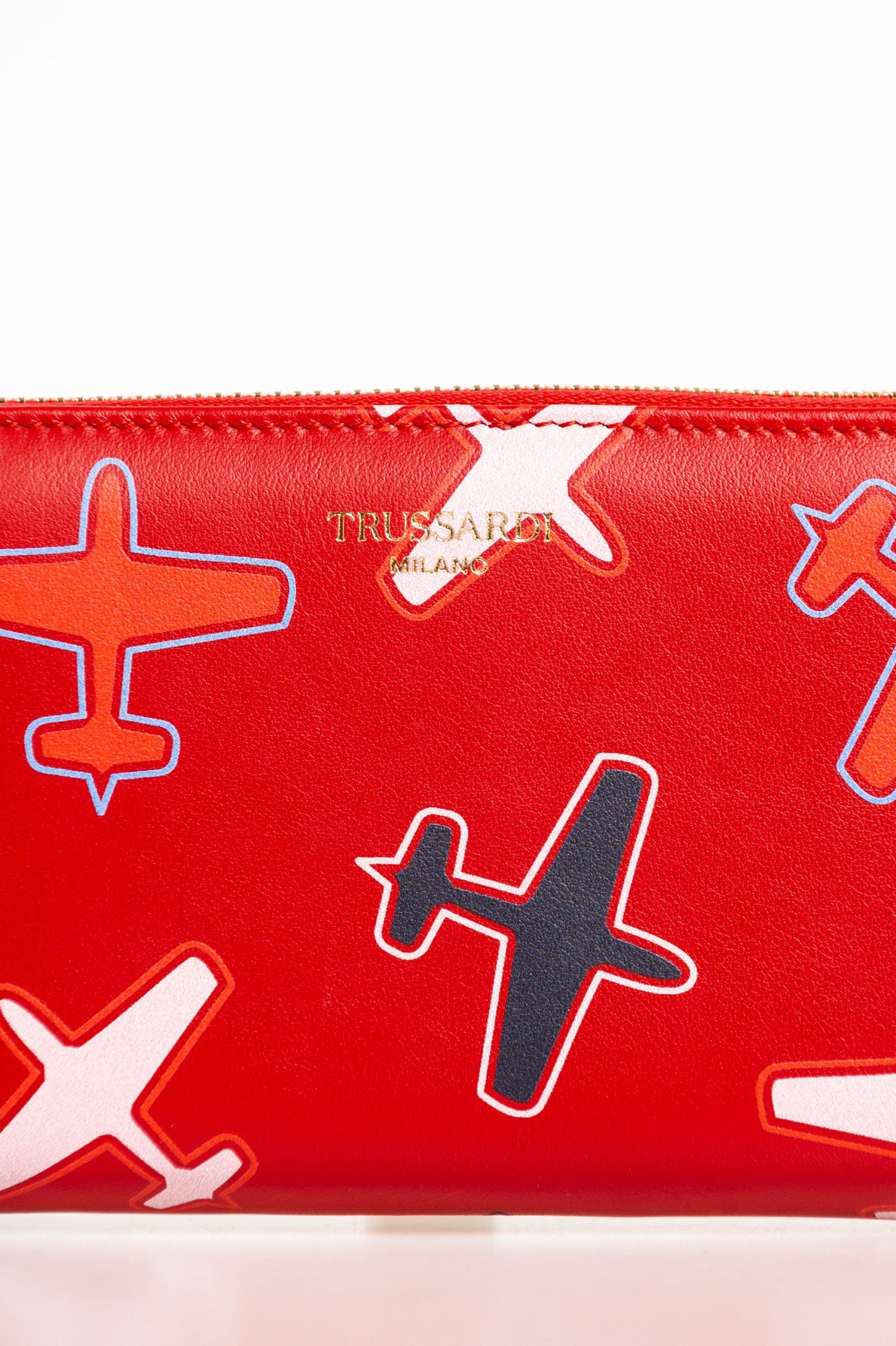 Chic Airplane Print Red Leather Wallet