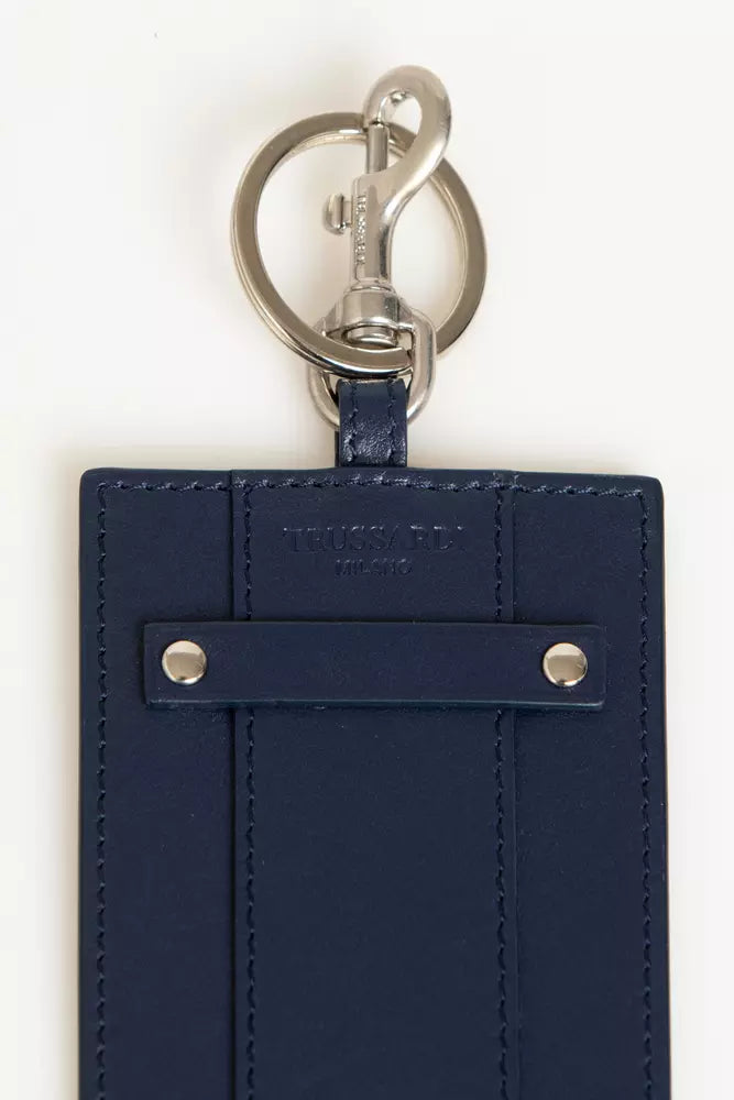 Elegant Blue Leather Badge Holder with Key Ring