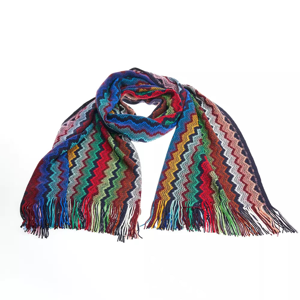 Vibrant Geometric Patterned Scarf with Fringes