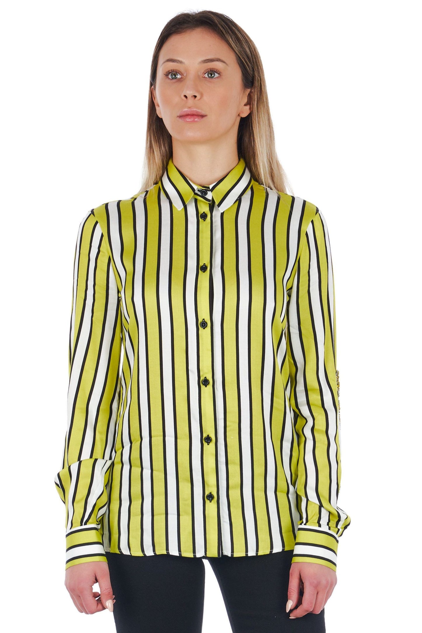 Elegant Striped Jewel-Sleeve Shirt