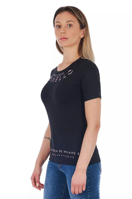 Sleek Black Cotton Blend Tee with Front Print
