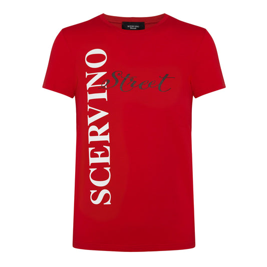 Elegant Red Cotton T-Shirt with Vertical Logo