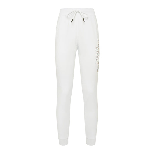 Elegant White Stretch Trousers with Strass Logo