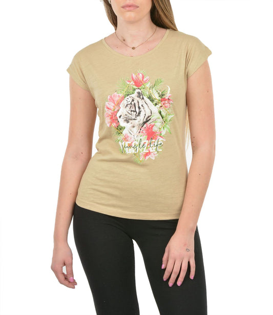 Beige Tiger Print Tee with Brass Accents