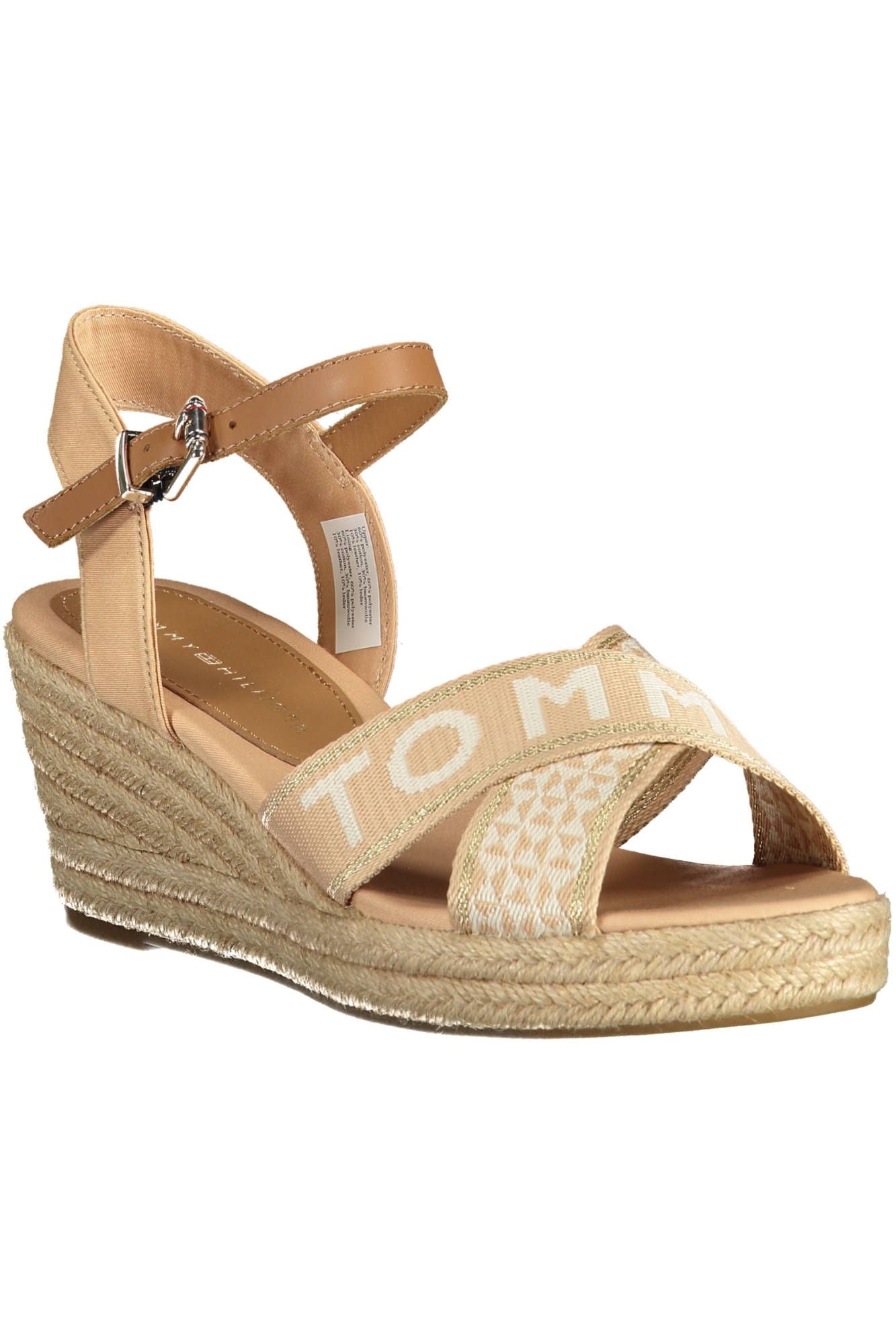 Beige Ankle Strap Wedge Sandal with Logo Accent
