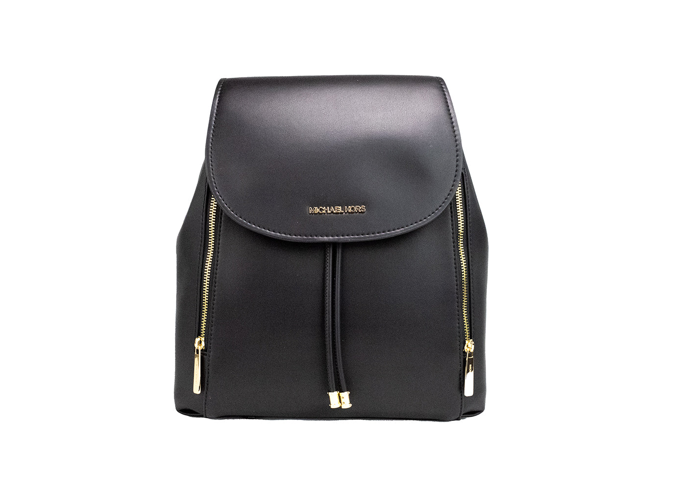 Phoebe Medium Black Smooth Leather Drawstring Flap Backpack Bookbag